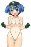  bikini blue_eyes blue_hair blush breasts cleavage gloves groin highleg highleg_bikini highleg_swimsuit kawashiro_nitori large_breasts looking_at_viewer micro_bikini navel open_mouth simple_background solo striped striped_bikini swimsuit takadoya tan tanline touhou two_side_up white_background 