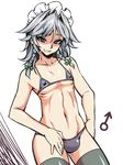  bikini black_legwear blue_eyes braid bulge crossdressing genderswap genderswap_(ftm) izayoi_sakuya maid_headdress male_focus mars_symbol micro_bikini navel silver_hair simple_background smirk solo swimsuit tajima_yuuki thighhighs touhou twin_braids white_background 