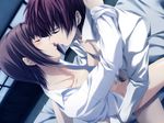  1boy 1girl blush bottomless breasts brother_and_sister brown_hair censored dutch_angle eyes_closed french_kiss game_cg hetero incest indoors kiss kudou_sousuke kudou_yuzuha nipples open_clothes open_shirt pianissimo_(game) red_hair saliva sex shirt siblings small_breasts straddle straddling sugina_miki tears tongue upright_straddle vaginal 