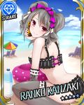  artist_name bikini bow card_(medium) card_parody character_name cinderella_girls_card_parody diamond_(symbol) grey_hair hair_bow idolmaster idolmaster_cinderella_girls kanzaki_ranko long_hair looking_back minami_machi parody pink_eyes solo swimsuit thighhighs twintails 