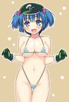  bikini blue_eyes blue_hair blush breasts cleavage covered_nipples gloves groin highleg highleg_bikini highleg_swimsuit kawashiro_nitori large_breasts looking_at_viewer micro_bikini navel open_mouth solo striped striped_bikini swimsuit takadoya touhou two_side_up 