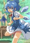  bare_legs barefoot blue_dress blue_eyes blue_hair bow cirno daiyousei dress fairy_wings green_eyes green_hair hair_bow hair_ribbon hand_to_own_mouth highres ice ice_wings multiple_girls open_mouth pinafore_dress puffy_sleeves ribbon shirt short_sleeves side_ponytail smile taishi_(moriverine) touhou tree wings 