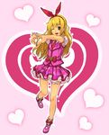  aikatsu! aikatsu!_(series) bad_id bad_pixiv_id bare_legs blonde_hair bobby_socks bow frills fujimo_ruru full_body hairband heart heart_background heart_hands hoshimiya_ichigo long_hair mary_janes necktie one_eye_closed pink pink_background plaid plaid_skirt purple_eyes shoes skirt smile socks solo standing standing_on_one_leg 