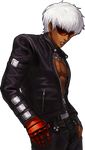  dark_skin dark_skinned_male fingerless_gloves gloves highres jacket jewelry k' leather leather_jacket male_focus mismatched_gloves necklace official_art ogura_eisuke red_eyes solo sunglasses the_king_of_fighters the_king_of_fighters_xiii thumb_in_pocket transparent_background unzipped white_hair 
