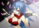  1girl bikini_top blue_hair breasts disgaea disgaea_d2 genderswap gloves laharl laharl-chan microphone red_eyes singing 