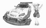  1girl car flandre_scarlet full_body greyscale ground_vehicle hat highres honda_s2000 mary_janes mob_cap monochrome motor_vehicle puffy_sleeves race_vehicle racecar red_pond ribbon shoes short_sleeves simple_background skirt solo spoiler_(automobile) touhou white_background wings 