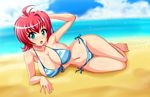  arm_support beach bikini blue_eyes breasts day front-tie_top hips legs looking_at_viewer lying original pink_hair side-tie_bikini sigurd_hosenfeld solo striped striped_bikini swimsuit 