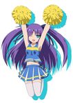  armpits arms_up blue_eyes cheerleader highres hoshino_sora little_busters! long_hair navel one_eye_closed pom_poms purple_hair sasasegawa_sasami skirt thighhighs twintails 