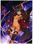  :d absurdres animal_ears armor bare_shoulders bikini_armor bisquelovelet black_hair black_legwear blue_eyes boots breasts cleavage dark_skin elbow_gloves fang fur_trim gloves highres horns huge_filesize long_hair midriff million_arthur_(series) nardack navel open_mouth polearm red_gloves scan small_breasts smile solo tail thighhighs trident weapon wings 