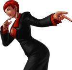  breasts cleavage earrings formal highres jewelry large_breasts lipstick makeup nail_polish no_bra official_art ogura_eisuke pant_suit red_eyes red_hair short_hair solo suit tan the_king_of_fighters the_king_of_fighters_xiii transparent_background vice 