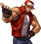  baseball_cap belt blonde_hair blue_eyes denim fatal_fury fingerless_gloves gloves hand_on_hip hat highres jeans long_hair male_focus muscle official_art ogura_eisuke open_clothes open_vest pants ponytail sleeveless solo terry_bogard the_king_of_fighters the_king_of_fighters_xiii transparent_background unzipped vest 