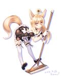  ahoge animal_ears bare_shoulders blonde_hair detached_collar ecell elin_(tera) flower fox_ears fox_tail full_body gloves hair_flower hair_ornament maid mary_janes mop purple_eyes shoes simple_background solo tail tera_online thighhighs white_background white_gloves white_legwear 