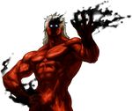  blue_eyes dark_persona glowing glowing_eyes hand_on_hip highres long_hair male_focus muscle nude official_art ogura_eisuke pectorals red_skin saiki_(kof) solo the_king_of_fighters the_king_of_fighters_xiii transparent_background white_hair 