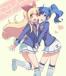  :d ;d aikatsu! aikatsu!_(series) bad_id bad_pixiv_id bangs black_legwear blazer blonde_hair blue_eyes blue_hair blush boots cheek-to-cheek hair_ribbon hands heart holding hoshimiya_ichigo jacket kiriya_aoi long_hair mizuki_(koko_lost) multiple_girls one_eye_closed open_mouth parted_bangs pleated_skirt ponytail ribbon school_uniform scrunchie side_ponytail sidelocks skirt smile socks starlight_academy_uniform swept_bangs white_background white_footwear yellow_eyes 