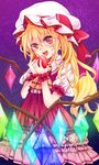  apple ascot blonde_hair blush bow dress flandre_scarlet food fruit glowing glowing_wings hat hat_bow highres looking_at_viewer mob_cap open_mouth puffy_sleeves red_dress red_eyes rimu_(kingyo_origin) shirt short_sleeves side_ponytail smile solo touhou wings wrist_cuffs 