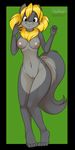  4_toes :3 anthro black_nose blonde_hair blue_eyes breasts canine chest_tuft cross-eyed cute dog female fur green_background grey_fur hair hindpaw kloudmutt lafille looking_at_viewer mammal navel nipples nude paws plain_background plantigrade pose pussy smile solo standing tuft 