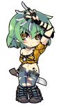  breasts chibi collarbone denim earrings full_body green_hair highres hikage_(senran_kagura) jeans jewelry knife medium_breasts midriff navel pants rikumaru senran_kagura senran_kagura_shoujo-tachi_no_shin'ei shoes sword tattoo torn_clothes torn_jeans torn_pants transparent_background weapon yellow_eyes 