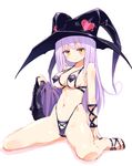  bikini blush breasts covered_nipples cross-laced_footwear hat highres homura_subaru large_breasts lillian_ljungstrom long_hair navel original purple_hair robe sandals silver_hair simple_background sitting smile solo swimsuit wariza white_background witch_hat yellow_eyes 