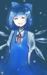  arms_behind_back bad_id bad_pixiv_id blue_hair cirno closed_eyes kurasawa_moko necktie open_mouth smile snow solo touhou wings 
