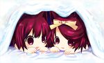  :d animal_ears cat_ears himehi multiple_girls open_mouth original red_eyes red_hair ribbon siblings sisters smile twins under_covers 