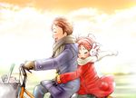  1girl bicycle bicycle_basket blush brown_hair bunny_earmuffs closed_eyes coat earmuffs gloves groceries ground_vehicle hug hug_from_behind kogami_akira lucky_star multiple_riders open_mouth outdoors pantyhose pillion purple_coat red_coat red_hair riding scarf shiraishi_minoru short_hair sky spring_onion sunlight ubizo winter_clothes 