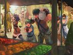  6+girls apple banana boyd_(fire_emblem) brown_hair fire_emblem fire_emblem:_souen_no_kiseki flower food fruit green_eyes green_hair hanakago hanging_food hitting ike market mist_(fire_emblem) multiple_boys multiple_girls orange oscar purple_hair rhys rolf smile thighhighs tiamat_(fire_emblem) wayu_(fire_emblem) 