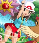  blue_(pokemon) breasts covered_nipples exeggcute gen_1_pokemon hat lowres miniskirt pidgeotto pokemoa pokemon pokemon_(creature) pokemon_(game) pokemon_frlg porkpie_hat skirt skirt_hold skirt_lift starmie wind wind_lift 