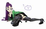  ? bad_id bad_pixiv_id boots dress high_heel_boots high_heels looking_back lying numeri original ponytail purple_eyes purple_hair shoes solo thigh_boots thighhighs tunic zettai_ryouiki 