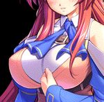  animated animated_gif ascot belt blush bouncing_breasts breasts close-up detached_sleeves gunner-l harukaze_yumari huge_breasts long_hair lowres non-web_source oppai_baka red_hair school_uniform solo very_long_hair 
