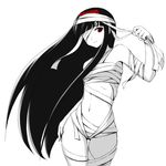 atsukan bandage_over_one_eye bandages black_hair bow copyright_request greyscale headband long_hair midriff monochrome naked_bandage one-eyed red_eyes solo spot_color very_long_hair 