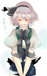  black_hairband blush closed_eyes hairband hitodama konpaku_youmu konpaku_youmu_(ghost) one-piece_swimsuit school_swimsuit short_hair silver_hair solo swimsuit swimsuit_under_clothes touhou zen_(raspberry) 