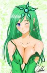  bare_shoulders blue_eyes breast_squeeze breasts cleavage earrings final_fantasy final_fantasy_iv green_hair hair_ornament jewelry large_breasts long_hair older one_eye_closed rydia signature smile solo strap_slip yukihiro 