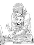  1girl allelujah_haptism computer couple greyscale gundam gundam_00 hallelujah_haptism hetero higi_(rodriguez) hug hug_from_behind monochrome pencil soma_peries 