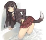  animal_ears bent_over brown_eyes brown_hair dog_ears glasses kashiwamochi_yomogi kemonomimi_mode long_hair original plaid school_uniform skirt solo tail water 