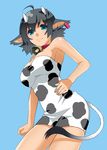  ahoge animal_ears animal_print armpits bell bell_collar black_hair blue_eyes collar cow_bell cow_ears cow_girl cow_print cow_tail horns mattaku_mousuke original short_hair solo tail 