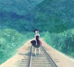  bag banned_artist bare_shoulders black_hair dress girlfriend_(vocaloid) hair_flip kumaori_jun original railroad_tracks short_hair smile solo vocaloid wind 