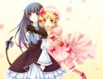  beret blonde_hair blue_hair cat_tail dress frederica_bernkastel gloves happy hat hug hug_from_behind lambdadelta long_hair multiple_girls orange_eyes pearl pink_dress purple_eyes ribbon short_hair smile tail umineko_no_naku_koro_ni very_long_hair vienri 