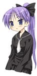  alternate_hairstyle blue_eyes hair_ribbon hiiragi_kagami kiriya_haruhito long_hair lucky_star necktie ponytail purple_hair ribbon solo 