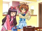  :d ^_^ apron baking brown_hair cake cardcaptor_sakura chocolate chocolate_cake closed_eyes daidouji_tomoyo drill_hair food fruits_candy green_eyes icing kinomoto_sakura milk_carton multiple_girls mutsuki_(moonknives) open_mouth pastry pastry_bag smile twin_drills 