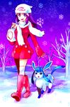  alternate_costume bad_id bad_pixiv_id beanie boots coat dada_(dolce) gen_4_pokemon glaceon hat hikari_(pokemon) pink_footwear pokemon pokemon_(creature) pokemon_(game) pokemon_dppt pokemon_platinum snow thighhighs winter_clothes 