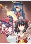  armpits black_hair blue_hair cuboon hakurei_reimu hat hinanawi_tenshi multiple_girls nagae_iku purple_hair red_eyes short_hair sword sword_of_hisou touhou weapon 