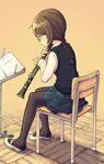  braid brown_hair clarinet glasses instrument kimarin music_stand original pantyhose school_uniform sitting skirt solo 