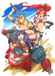  2boys armband bad_id bad_pixiv_id bandages bikini_top blue_hair boota gloves goggles goggles_on_head hair_ornament hairclip kamina kamina_shades multiple_boys ponytail red_hair sako shirtless shorts simon skull_hair_ornament sunglasses tattoo tengen_toppa_gurren_lagann thighhighs yoko_littner 