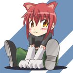  animal_ears blaue_gans cat_ears chibi elbow_gloves full_body gloves kaibutsu_oujo looking_at_viewer lowres pants paw_gloves paws red_hair riza_wildman shoe_soles short_hair solo yellow_eyes 
