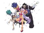  2girls alternate_costume anklet armor_knight_(disgaea) black_hair breasts brown_hair cheerleader cheerleader_(disgaea) dancing dark_skin disgaea drum drumsticks flat_chest headband highleg highleg_panties instrument ishikawa_hideki jewelry long_hair low-tied_long_hair makai_senki_disgaea_3 medium_breasts multiple_girls official_art panties platform_footwear pom_poms purple_eyes purple_hair red_eyes sandals shaman_(disgaea) skull thong underwear 