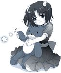  artist_request blue child clannad hair_bobbles hair_ornament ichinose_kotomi monochrome screentones solo stuffed_animal stuffed_toy teddy_bear two_side_up 