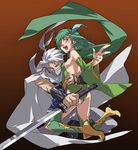  1girl :d armor bad_id bad_pixiv_id blush boots breasts cape dress edward_geraldine final_fantasy final_fantasy_iv green_eyes green_hair green_legwear green_leotard grey_eyes koma_(koma4018) leotard long_hair mask medium_breasts ninja ninja_(final_fantasy) older open_mouth rydia silver_hair smile sword weapon yellow_footwear 