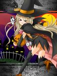  &gt;_&lt; :3 bad_id bad_pixiv_id blonde_hair blue_eyes blush_stickers buttons cape closed_eyes dress halloween hat highres jack-o'-lantern large_buttons little_busters! long_hair nakada_rumi noumi_kudryavka pocket_watch pumpkin silver_hair skirt solo standing standing_on_one_leg thighhighs watch witch x3 