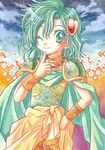  bad_id bad_pixiv_id blush cape child cuffs final_fantasy final_fantasy_iv flat_chest green_eyes green_hair hair_ornament heart heart_hair_ornament long_hair one_eye_closed rydia sarong sayaka_mako skirt solo thighhighs yellow_sarong younger 