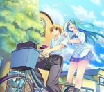  1girl aqua_hair bag bare_legs belt bicycle bicycle_basket black_legwear blonde_hair blouse blue_skirt building cloud collared_shirt day floating_hair from_below green_eyes green_hair ground_vehicle half_updo hand_on_another's_shoulder hand_on_own_head higurashi_no_naku_koro_ni houjou_satoshi iiru long_hair miniskirt multiple_riders outdoors pants pillion pleated_skirt red_eyes riding school_uniform shirt short_hair short_sleeves skirt sky socks sonozaki_shion standing tree white_blouse white_shirt 